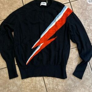 Woman’s Malibu 27 Black Sweater with Red and Blue Lightning Bolt sz xs